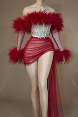 Red Mesh Sequins Pcs Set Dress Cheerleading Las
