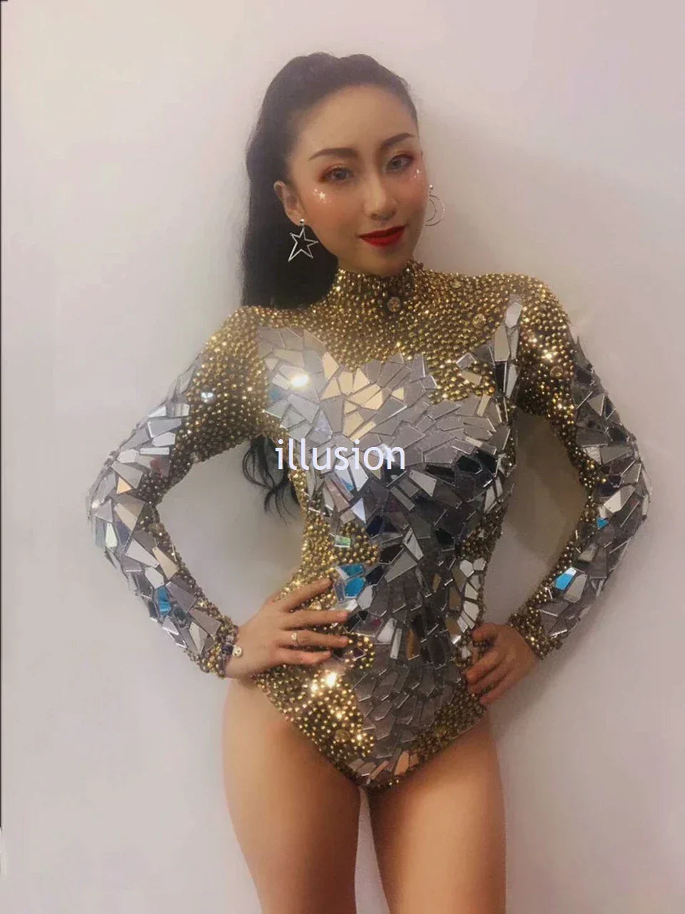 Shining Gold Rhinestones Mirrors Bodysuit Women' Birthday Celebrate