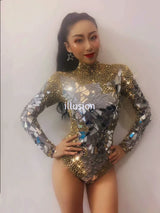 Shining Gold Rhinestones Mirrors Bodysuit Women' Birthday Celebrate