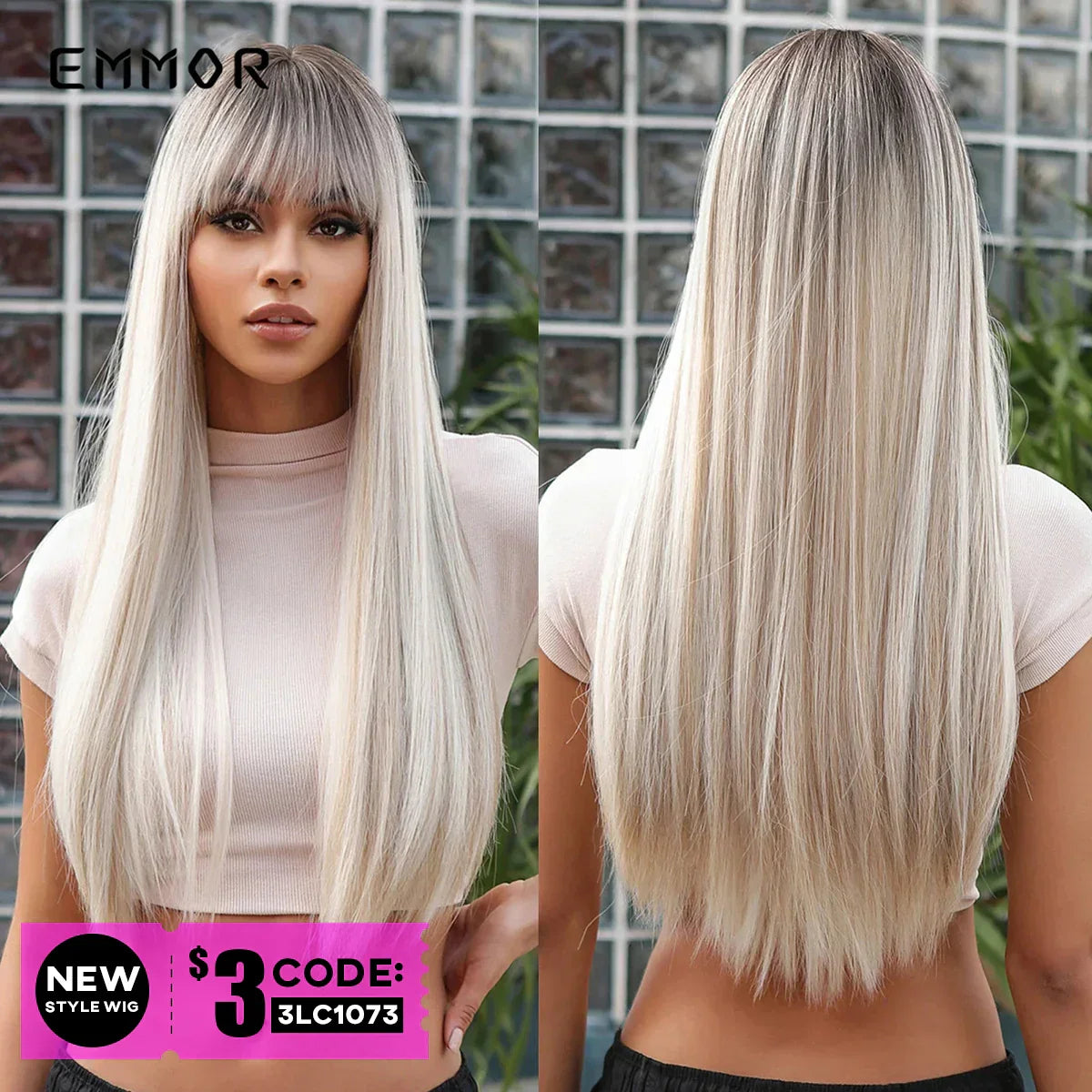 Emmor Long Platinum Blonde White Wig With Bang