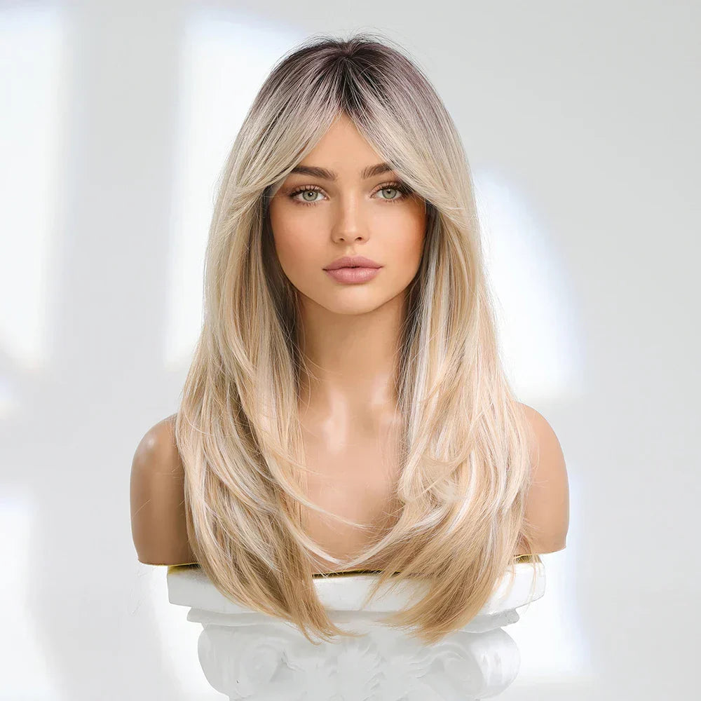 Layered Synthetic Wigs Black Blonde Ombre Highlight White