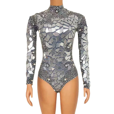 Shining Gold Rhinestones Mirrors Bodysuit Women' Birthday Celebrate