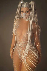 See Through Jumpsuits Women Pearl Rhinestone Gogo Dancer