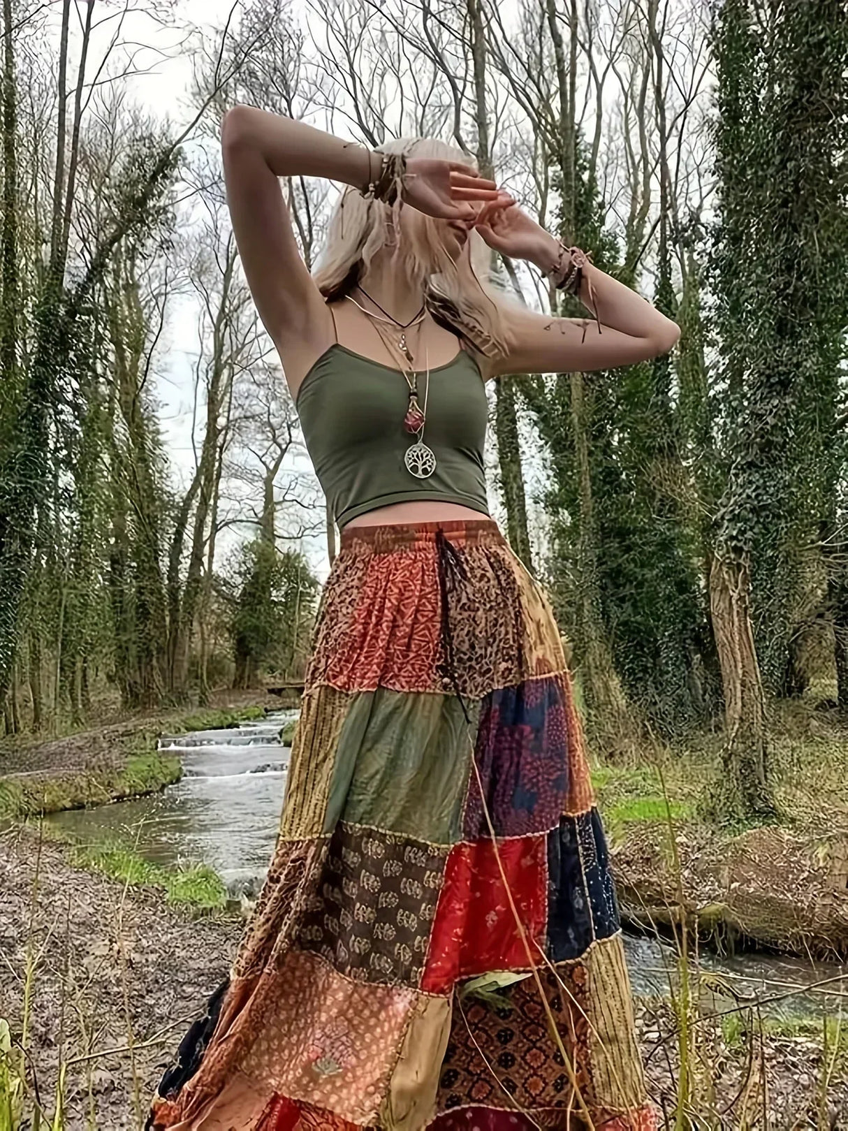 Boho Skirt, Women' Plus Patchwork Floral Print Drawstring