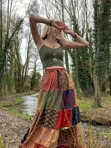 Boho Skirt, Women' Plus Patchwork Floral Print Drawstring