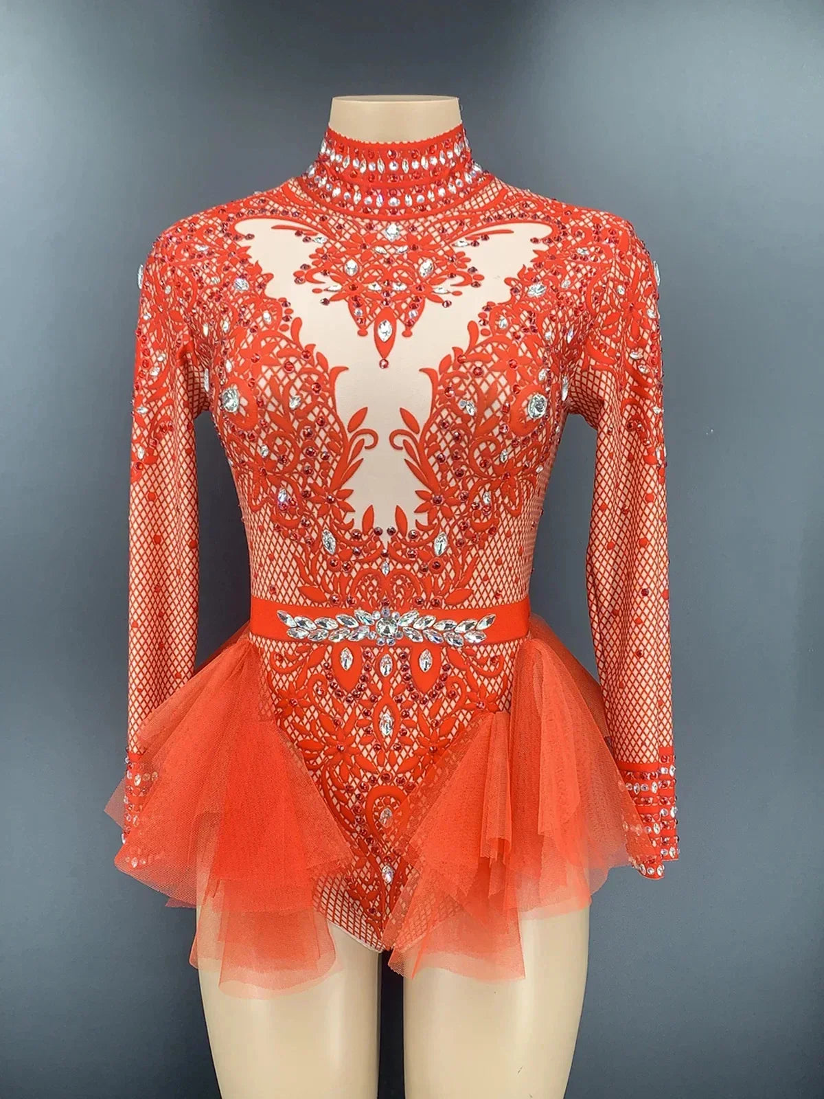 Sparkly Rhinestones Bodysuit Women Elastic Purple Mesh Ruffles