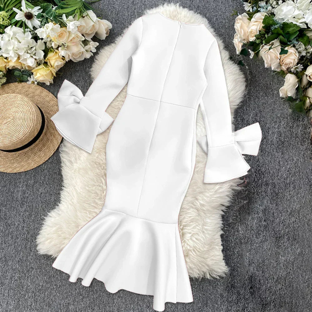 Mermaid Party Dress Long Flare Sleeve Cold Shoulder