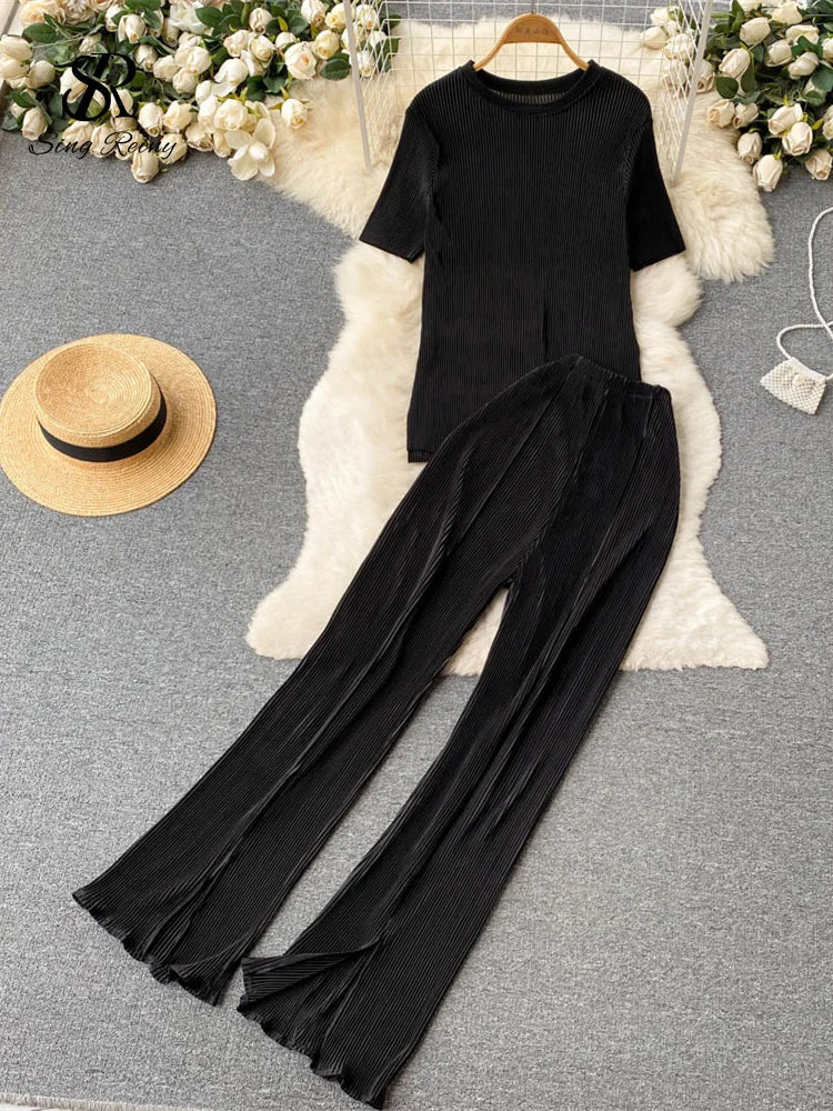 Singreiny Pleated Fashion Solid Set Women Loose O