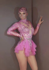 Sparkly Rhinestones Bodysuit Women Elastic Purple Mesh Ruffles