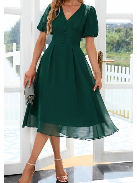 Women' Chic Dress V-Neck Elegant A-Line Chiffon Midi