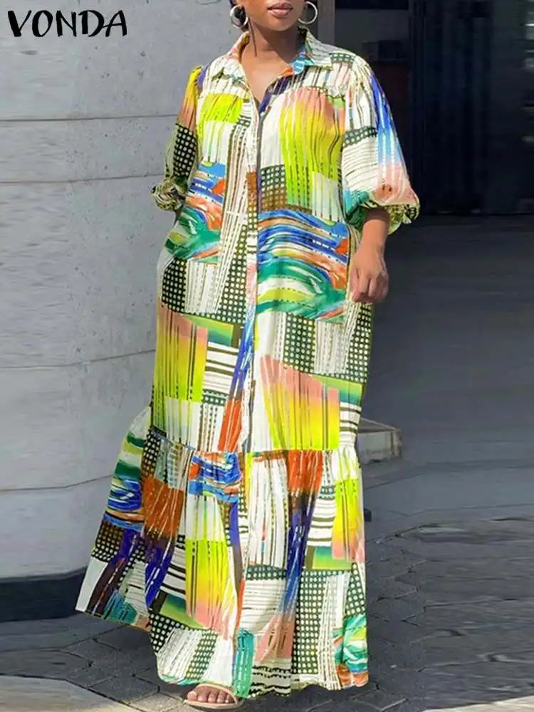 Vonda Summer Bohemian Printed Dress Women Elegant