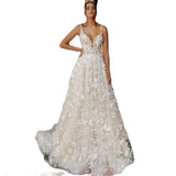 Romantic 3D Flowers Appliques Wedding Dresses Spaghetti Strap