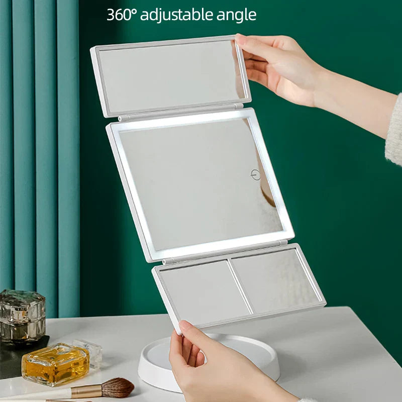 Foldable LED Makeup Mirror - 3 Light Tones, 360° Adjustable, Rechargeable