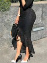 Women Midi Black Lace Skirt High Waist Fitted