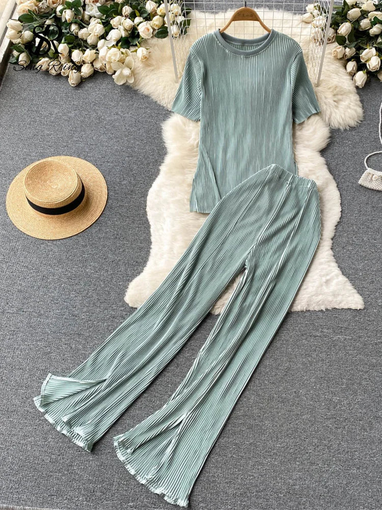Singreiny Pleated Fashion Solid Set Women Loose O