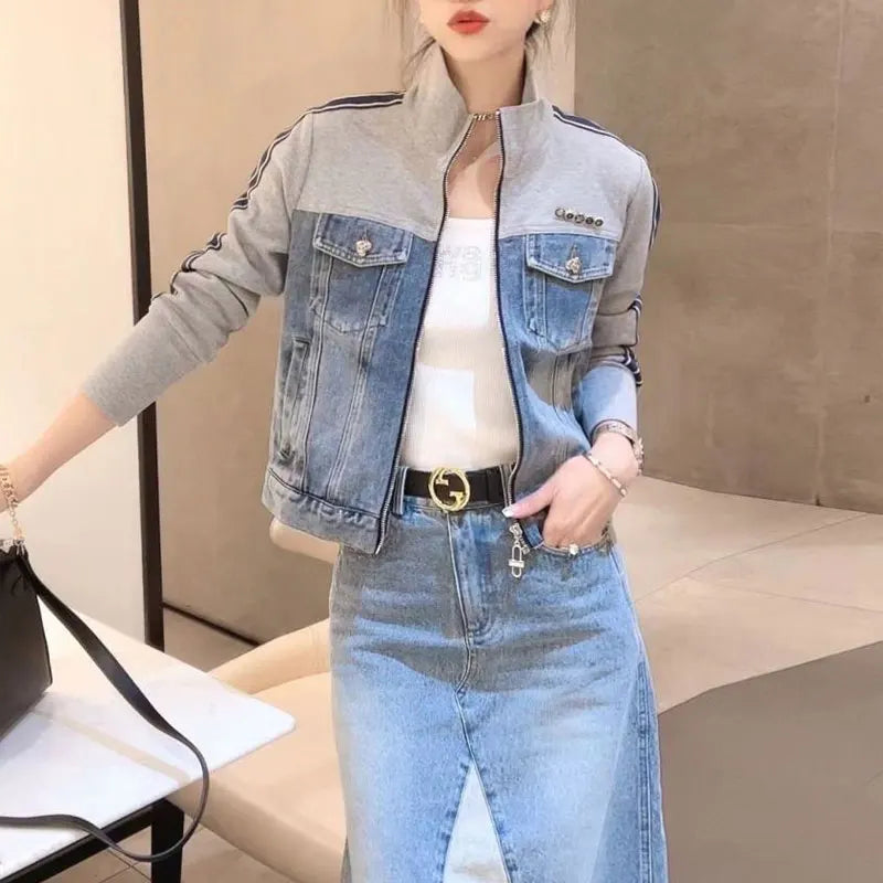 Female Clothing Vintage Spliced Denim Coats Spring Autumn