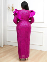 Formal Sequined Evening Dress Women Ruffle Trim Long