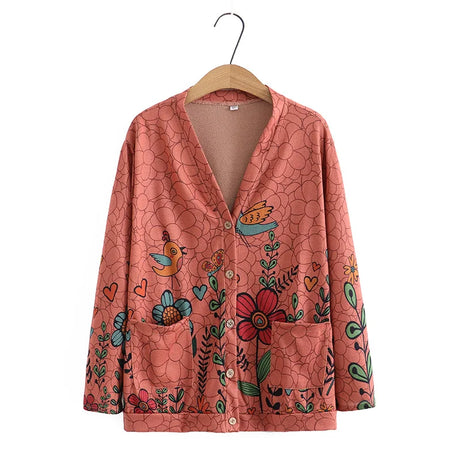 Plus Cardigan Women Spring Print V-Neck Two
