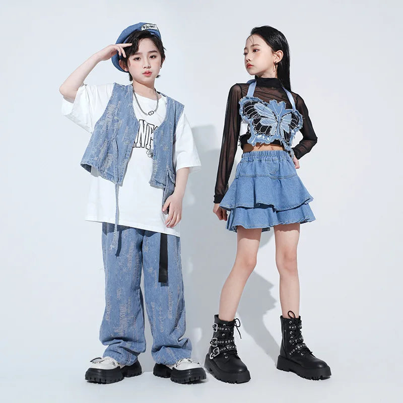 Kids Street Dance Hip Hop Clothing Suit Denim