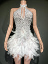 Sexy Rhinestones Pearls Halter Backless Short White Feathers