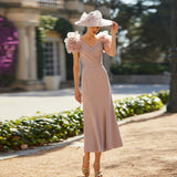 V Neck Short Sleeves Wedding Party Gowns Flowers Pleat Tea Length