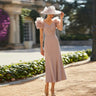 V Neck Short Sleeves Wedding Party Gowns Flowers Pleat Tea Length