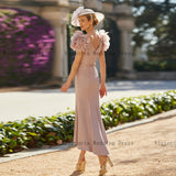 V Neck Short Sleeves Wedding Party Gowns Flowers Pleat Tea Length