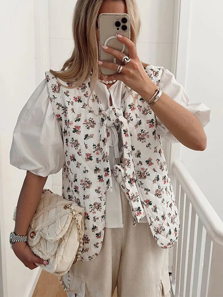 Women Spring Flower Print Lace Up Cotton Vest