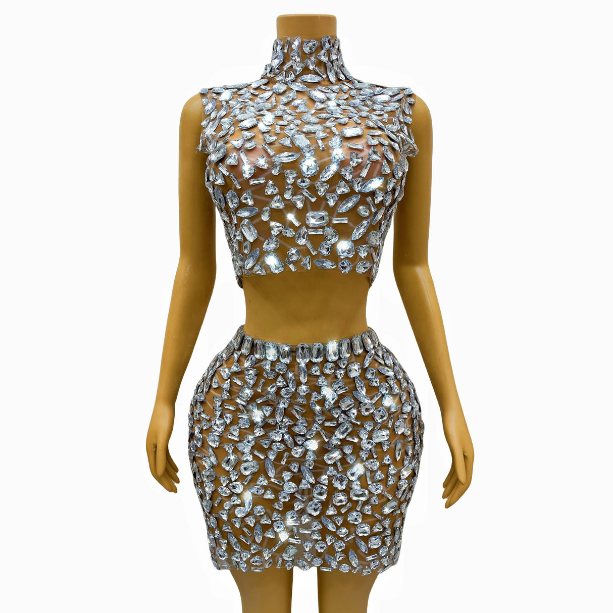 Silver Big Rhinestones Shining Top Skirt Set Sexy