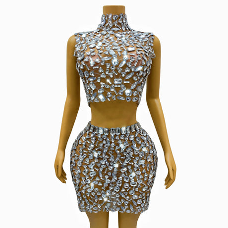 Silver Big Rhinestones Shining Top Skirt Set Sexy