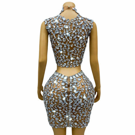 Silver Big Rhinestones Shining Top Skirt Set Sexy