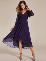 Simple Evening Dresses V-Neck Long Sleeves Pleated Ruffles