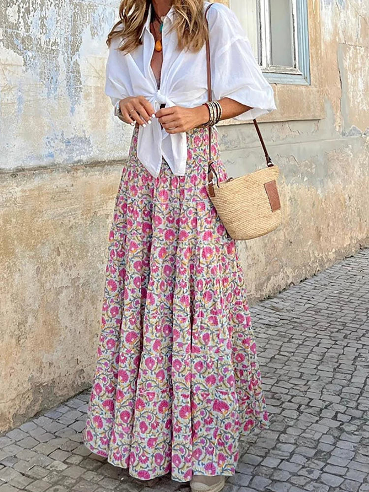 Summer Long Skirts Women Boho Print Skirt Female