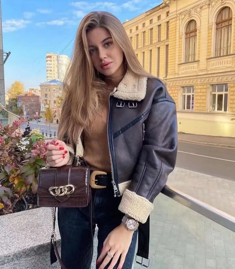 Traf Winter Women Streetwear Faux Lamb Leather Fur
