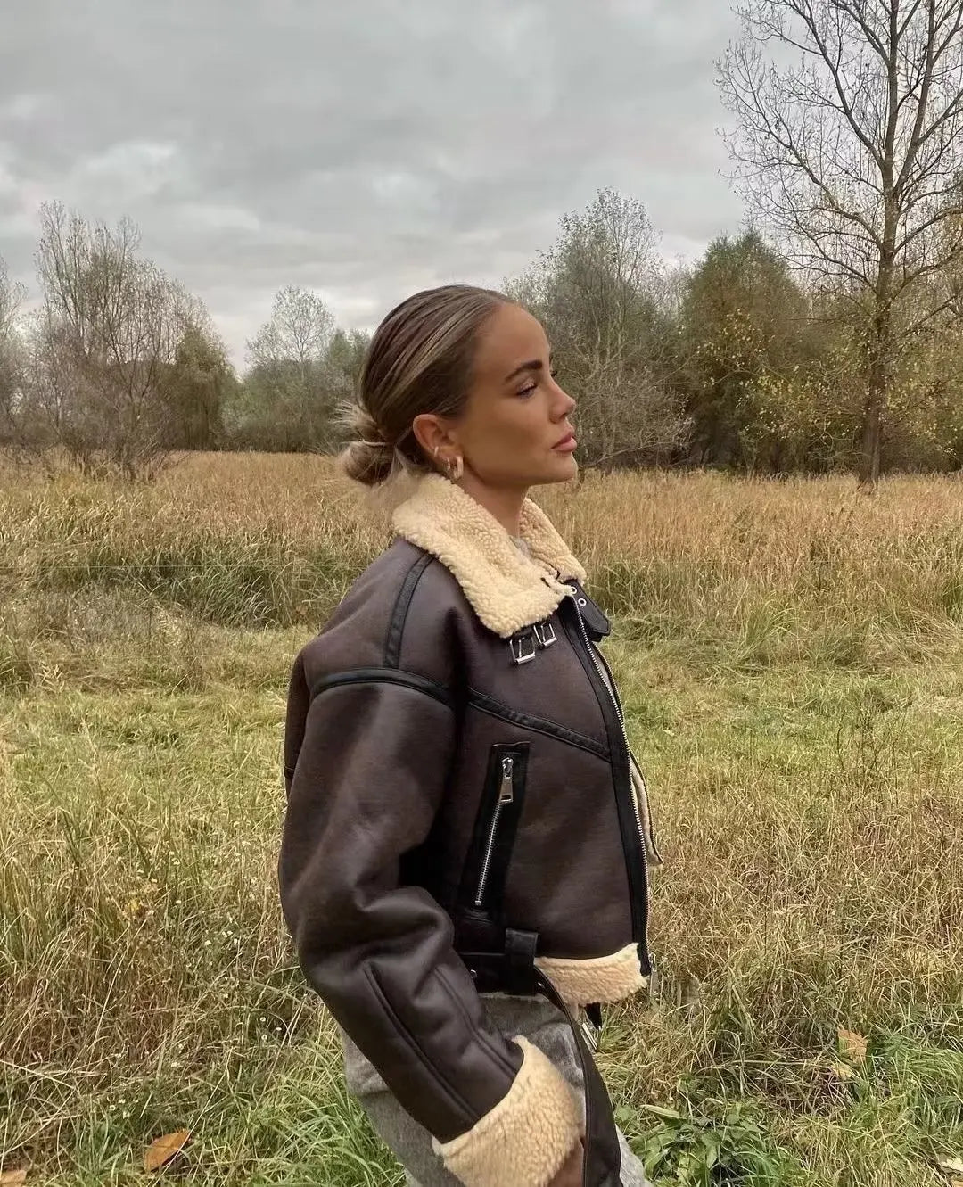 Traf Winter Women Streetwear Faux Lamb Leather Fur