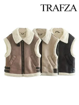 Trafza Winter Fur Vest Women Faux Sheepskin Fur