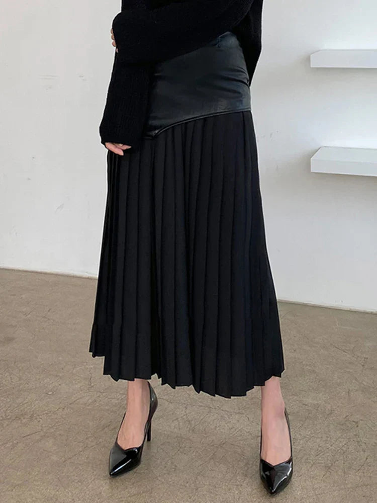 Twotwinstyle Casual Patchwork Pu Skirt For Women High