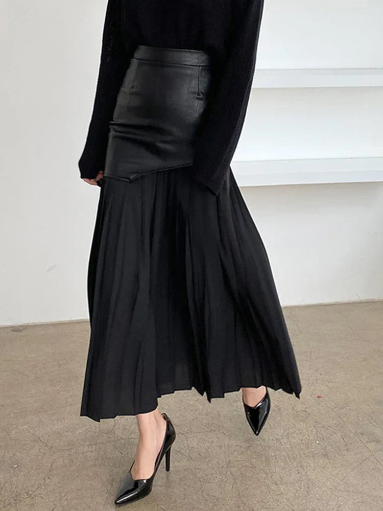 Twotwinstyle Casual Patchwork Pu Skirt For Women High