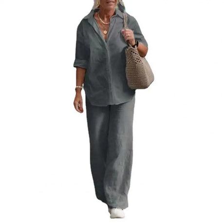 Women Autumn Linen Lapel Shirt Two Pieces Set