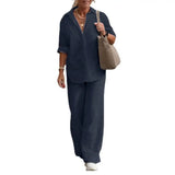 Women Autumn Linen Lapel Shirt Two Pieces Set
