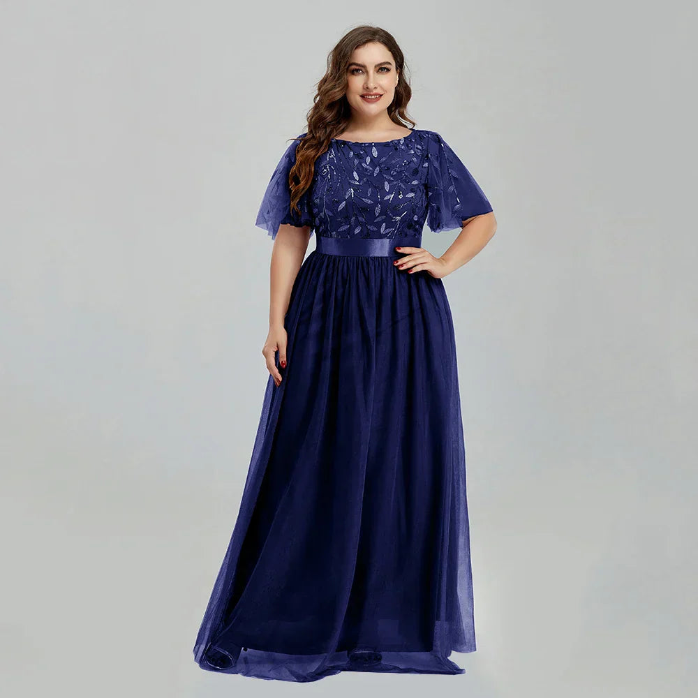 Women' Mesh A-Line Sequin Embroidery Evening Dress Leaf
