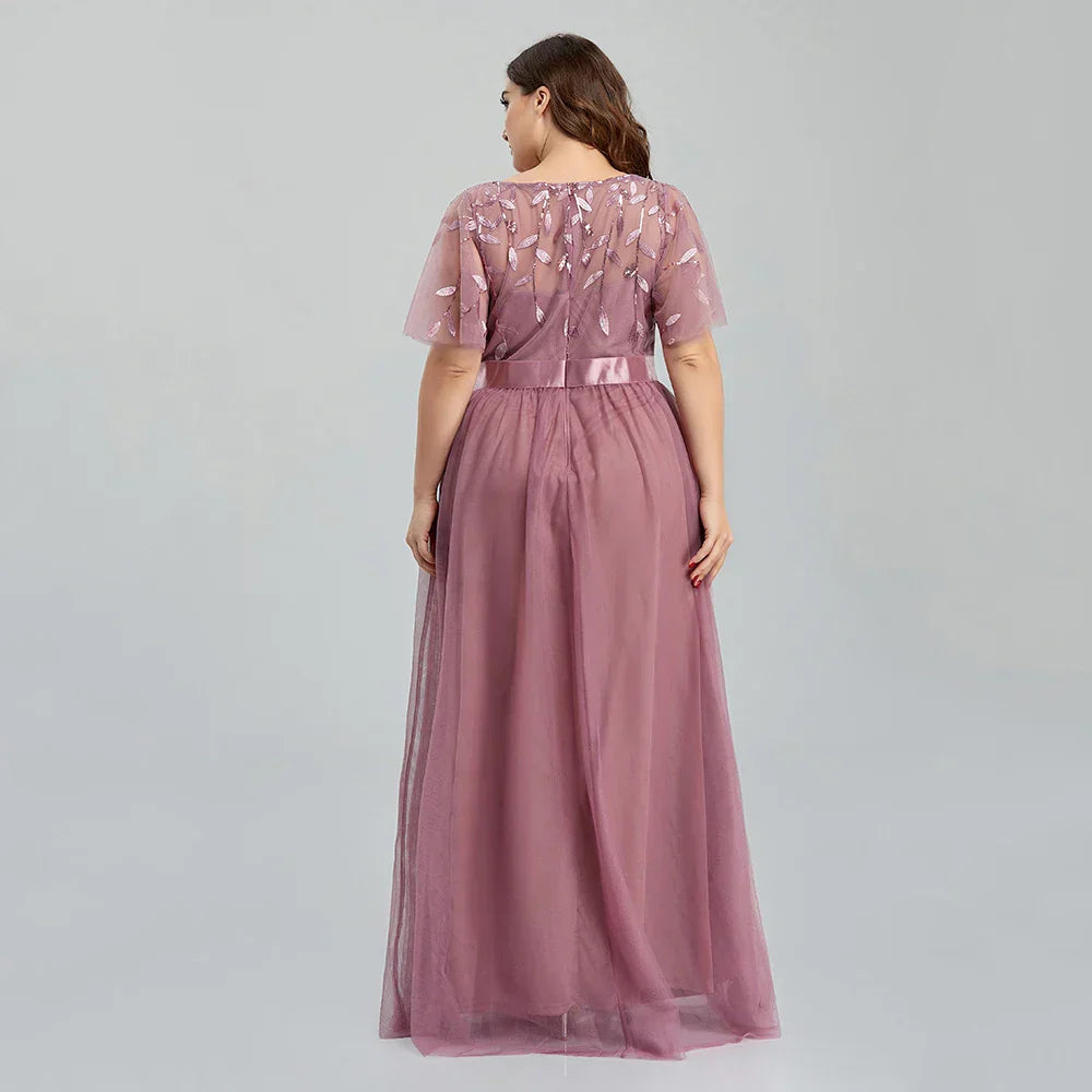 Women' Mesh A-Line Sequin Embroidery Evening Dress Leaf