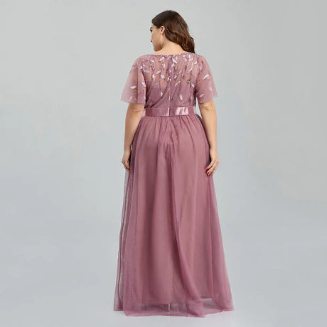 Women' Mesh A-Line Sequin Embroidery Evening Dress Leaf