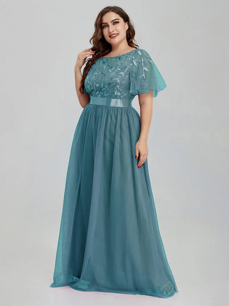 Women' Mesh A-Line Sequin Embroidery Evening Dress Leaf