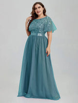 Women' Mesh A-Line Sequin Embroidery Evening Dress Leaf