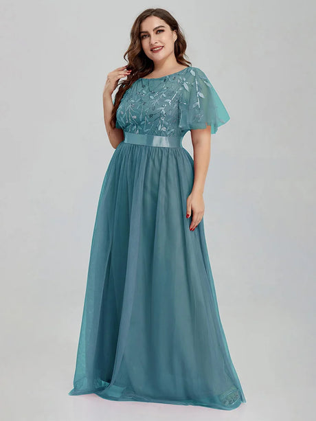 Women' Mesh A-Line Sequin Embroidery Evening Dress Leaf