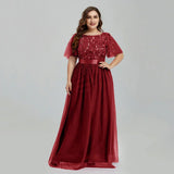 Women' Mesh A-Line Sequin Embroidery Evening Dress Leaf