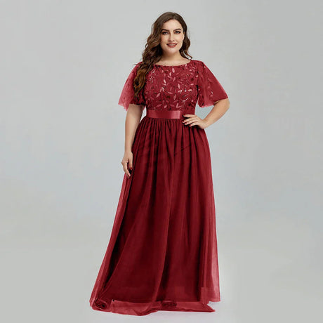 Women' Mesh A-Line Sequin Embroidery Evening Dress Leaf