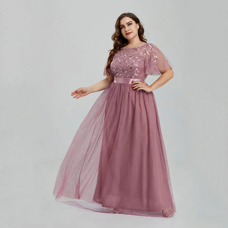 Women' Mesh A-Line Sequin Embroidery Evening Dress Leaf