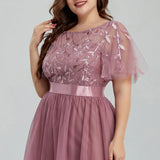 Women' Mesh A-Line Sequin Embroidery Evening Dress Leaf